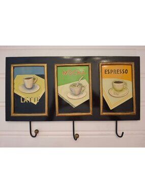 Vintage Coffee Wall Hook Rack Latte Mocha Espresso Kitchen Cafe Decor 3 Hook
